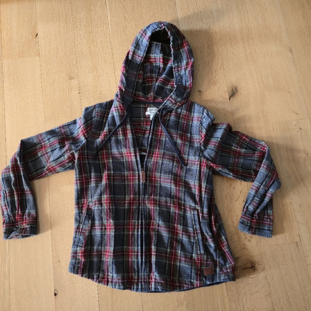L.L. Bean Flannel Hoodie Zip Up Scotch Plaid 100% Cotton Relaxed Fit S Shacket